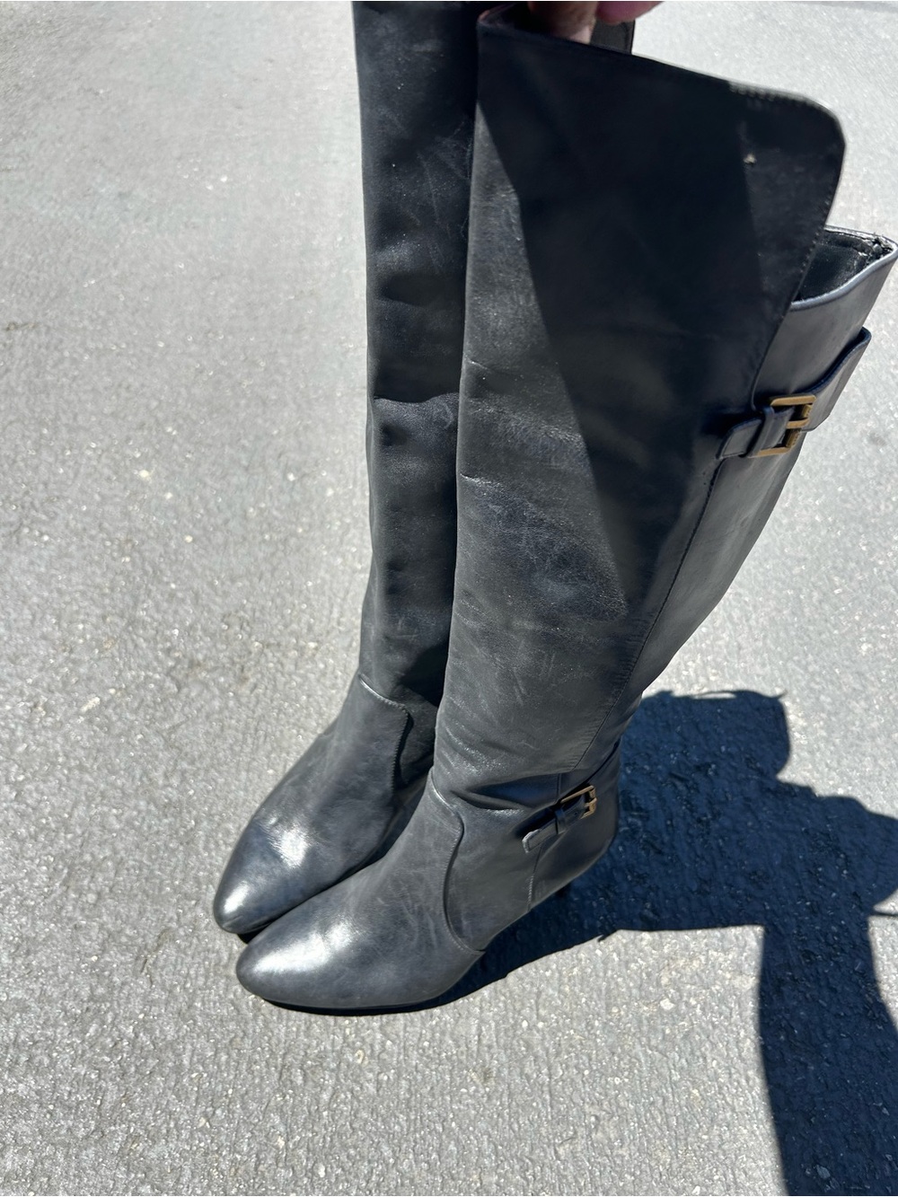 Lauren Ralph Lauren Black Leather Knee-High Boots with Gold Buckles Size 8B